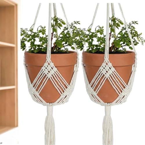 2 Pack Macrame Planter Hanger for 8 inch, Plant Hanger Indoor | Hanging Planter Indoor, Short Macrame Plant Hanger, Boho Plant Hanger, Hanging Plant Holder, Macrame Plant Hanger Indoor - color: Beige