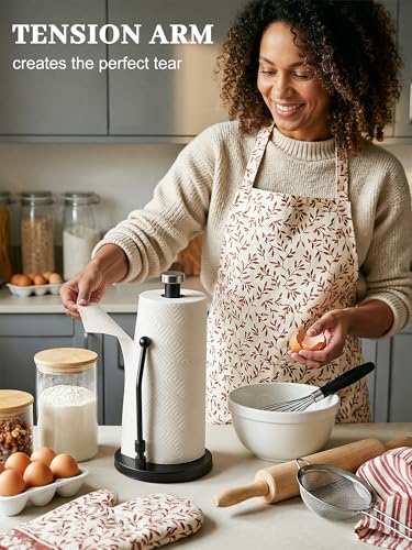 SMARTAKE Paper Towel Holder Countertop, Non-Slip Weighted Base, Black | Freestanding Kitchen Roll Dispenser, Rustproof Stainless Steel, Spring Arm for Easy Tear, Widden Top, with 4 Suction Cups - color: 02-black