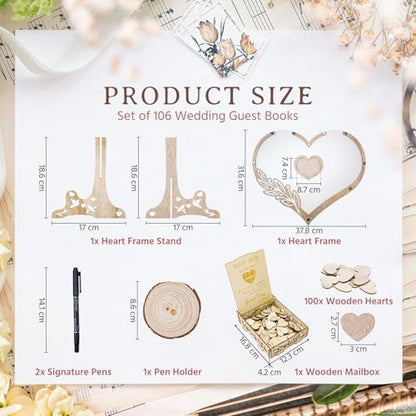 Wedding Guest Book Alternative, Rustic Heart Shaped Wooden Guest Book with 100 Wooden Hearts Tree for Wedding Party Birthday, Personalized Wedding Decor with Guest Sign-In Box & Heart Frame for Photo