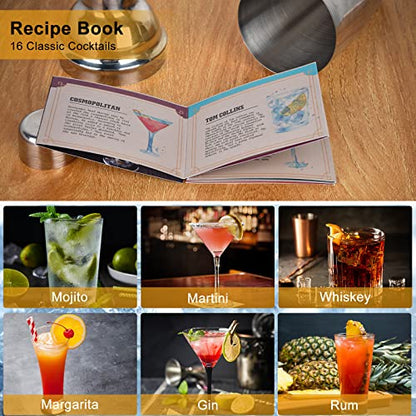 Vabaso 20-Piece Bartender Kit with Stand, Cocktail Shaker Set for Home Bar, 25oz Professional Stainless Steel Bar Tool Set with Cocktail Recipes Booklet, Christmas White Elephant Gifts for Adults Men