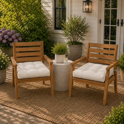 Magpie Fabrics Outdoor Tufted Seat Cushion 19"x19" Set of 2 (Cream) | Waterproof Patio Chair Pads with ties Tatami Floor Pillow for Room Garden Balcony Office - color: Cream