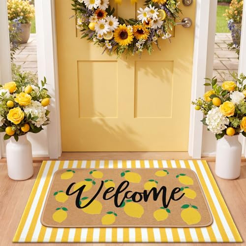 Tinideya 2 Pcs Summer Lemon Welcome Doormats Summer Lemon Outdoor Linen Rubber Door Mats Layered Yellow and White Striped Area Rugs Non Slip Italian House Decor for Indoor Entrance Porch Entryway - size: 16 x 28 Inch,24 x 35 Inch, style: Lemon Welcome
