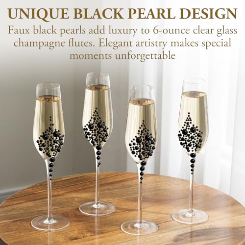 MyGift Champagne Flutes 6 oz, Clear Glass Stemmed Toasting Glasses with Faux Black Pearls – Wedding, Bridal Shower & Bachelorette Party Glassware Set of 4 - color: Black
