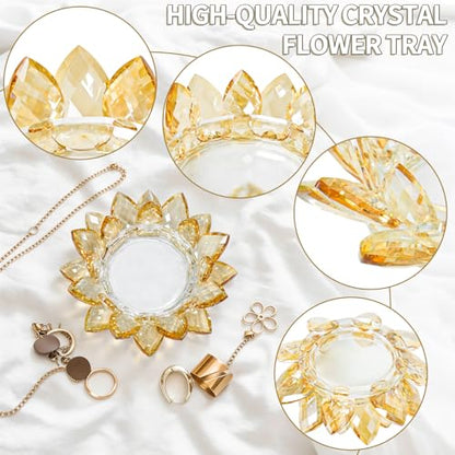 Crystal Flower Jewelry Tray, Luxury Transparent Decorative Trinket Dish for Rings, Earrings, Necklaces, Keys for Vanity Dresser Nightstand, Elegant Gift for Women Mother's Day (1, 6.3"(W)- Gold) - size: 6.3"(W)- Gold