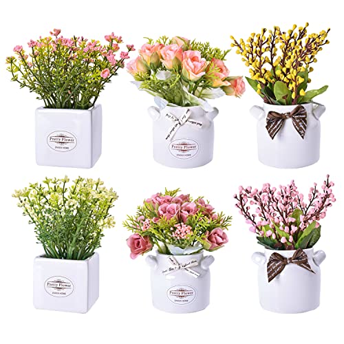 LUEUR 6Pcs Artificial Flowers with Ceramic Pot, Faux Flowers in Vase | Fake Flower Arrangements For Spring Summer Decor, Centerpiece Table Decorations for Easter Mother's Day Home Office Shelf - color: 6pcs Artificial Potted Flower-ceramic Pot