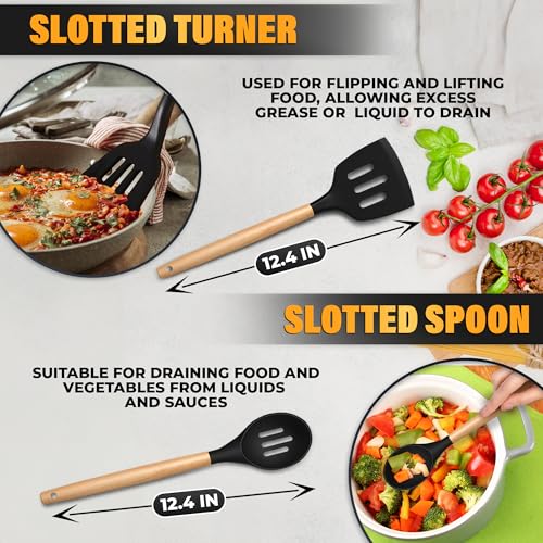 14 Pcs Black Kitchen Utensils Set with Holder for Nonstick Cookware | Silicone Cooking Utensils Set for BBQ; Heat-Resistant Tools with Wooden Handles for Baking, Serving, Frying, and Mixing - color: Classic Black