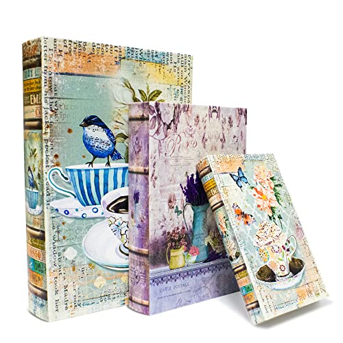 Fake Book Storage Box Decorative Flower Bird Pattern Set of 3 | Trinket Keepsake Greeting Card Book Shaped Storage Box,Vintage Box Coffee Table Decoration,Graduation Gift - color: Flower and Bird Pattern-Set of 3