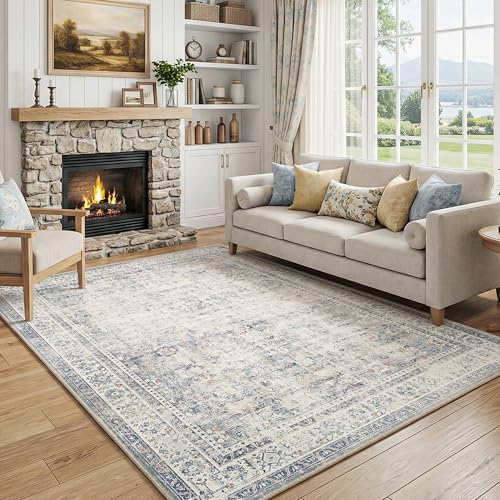 FMFUNCTEX 5x7 Washable Blue Vintage Neutral Large Area Rug for Living Room | Non Slip Low Pile Soft Large Farmhouse Distressed Traditional Faded Indoor Thin Carpet Bedroom Dining Room Nursery Office - color: Blue, size: 5' x 7' (Rectangular)