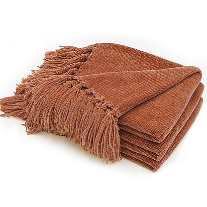 RECYCO Throw Blanket Soft Cozy Chenille Throw Blanket with Fringe Tassel for Couch Sofa Chair Bed Living Room Gift (Rust, 50" x 60") | Super Soft Knit Throw Blanket with Fringe Tassels, Lightweight Knitted Throw, Cozy, Ideal for Sofa Chair Bed Living Room