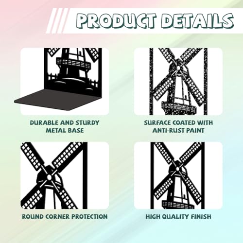 5.3"x4.3"x7.9" Metal Bookends, Heavy Duty Book Ends for Shelves | Dutch Windmill and Fence Theme Cast Iron Book Supports, 1 Pair Decor Stoppers for Desk, Library, Office & Home Shelves - style: Dutch Windmill and Fence