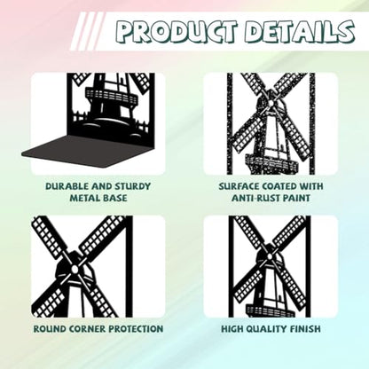 5.3"x4.3"x7.9" Metal Bookends, Heavy Duty Book Ends for Shelves | Dutch Windmill and Fence Theme Cast Iron Book Supports, 1 Pair Decor Stoppers for Desk, Library, Office & Home Shelves - style: Dutch Windmill and Fence