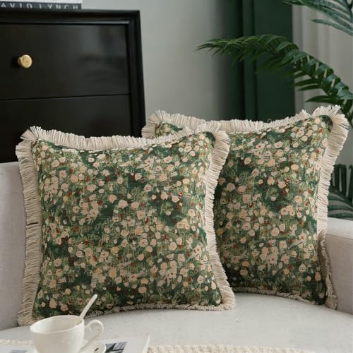 Vintage Floral spring summer Throw Pillow Cover with Fringe Trim, Cotton Cross Stitch Fabric, Abstract Oil Painting Style, Suitable for Living Room Sofa Bed, Flower and Plant Style (green grassland) - color: 2pcs Green Grassland
