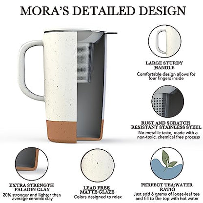 Mora Ceramics Large Tea Mug with Loose Leaf Infuser and Ceramic Lid, 18 oz, Portable, Microwave and Dishwasher Safe, Tall Coffee Cup - Rustic Matte Ceramic Glaze, Modern Herbal Tea Strainer, Cotton - color: Cotton White