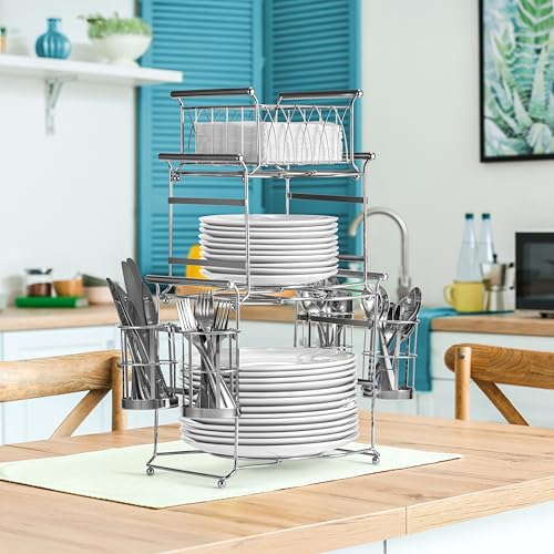 Sorbus Buffet Caddy — 7-Piece Stackable Set Includes Plate, Napkin, and Silverware Holder, 3-Tier Detachable Tabletop Organizer Ideal for Kitchen, Dining, Entertaining, Parties, Thanksgiving (Silver) - color: Silver