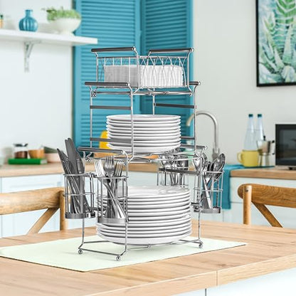 Sorbus Buffet Caddy — 7-Piece Stackable Set Includes Plate, Napkin, and Silverware Holder, 3-Tier Detachable Tabletop Organizer Ideal for Kitchen, Dining, Entertaining, Parties, Thanksgiving (Silver) - color: Silver