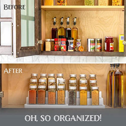 Oizeir Plastic 3-Tier Expandable Spice Rack, Adjustable Length, Stability with Non-Skid Shelf, For Easy Visibility, Organizer for Kitchen Cabinet, Pantry or Countertop, (2-Pack), White/Grey | Expandable Plastic Spice Rack Organizer, Adjustable Length 3 Ti