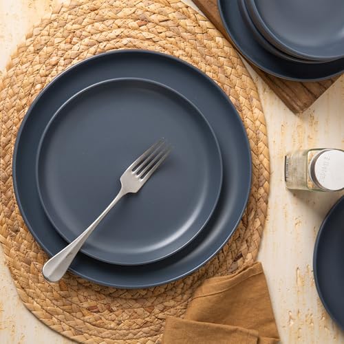 12-Piece Stoneware Dinnerware Set with Mugs | Microwave and Dishwasher Friendly | Stackable Matte Glaze Plates & Bowls | Service for 3 (Blue for 3) - color: Blue for 3