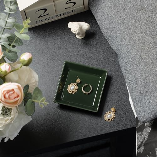 Ceramic Trinket Dish, Small Jewelry Ring Tray, Dark Green | Glazed ceramic jewelry tray. Stores rings, earrings, necklaces, bracelets. Easy to clean. Perfect for vanity and entryway. - color: Dark Green Surface