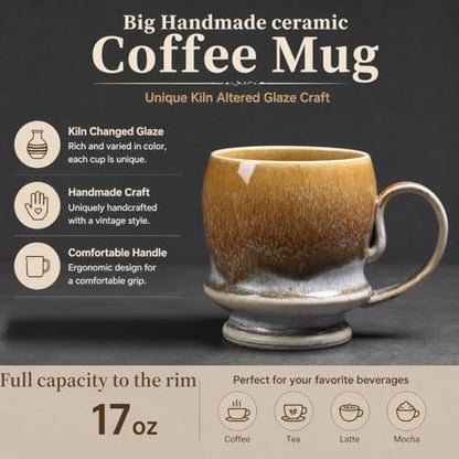 17oz Big Unique Handmade Pottery Coffee Mug with Comfortable Big handle, Reactive Glaze Ceramic Coffee Mug, Artisanal Stoneware Tea Mug,Lead-free Clay, Microwave and Dishwasher safe (White and Brown) - color: White/Brown