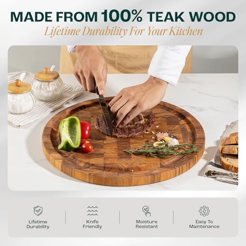 Yes4All Round Teak Cutting Boards for Kitchen, [16"D x 1"Thick] End Grain Cutting Board, Teak Wood Serving Board, Food Safe Surface for Slicing and Serving, Wood Charcuterie Board with Build In Handle - size: 16"L x 1"W, style: Teak