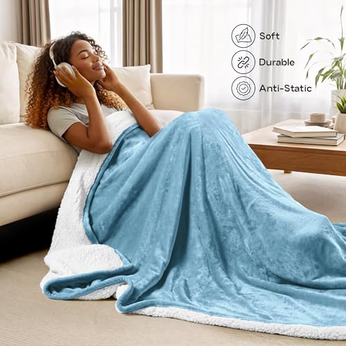 Utopia Bedding Plush Sherpa Blanket Throw Size Washed Blue, 50x60 Inch | Soft, Warm, Fleece, Bed, Sofa, Couch, Camping, Travel, Cozy, All Season - color: Washed Blue, size: Throw (50x60 Inch)