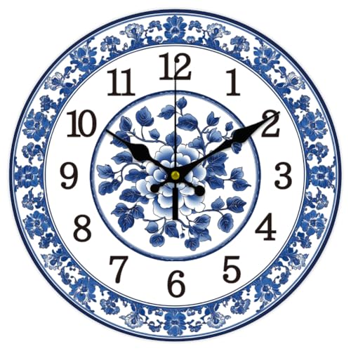 CHGCRAFT 12inch Blue and White Porcelain Pattern Wall Clock Battery Operated Silent Non Ticking Flowers Round Decorative Clock for Office Home Kitchen Decor