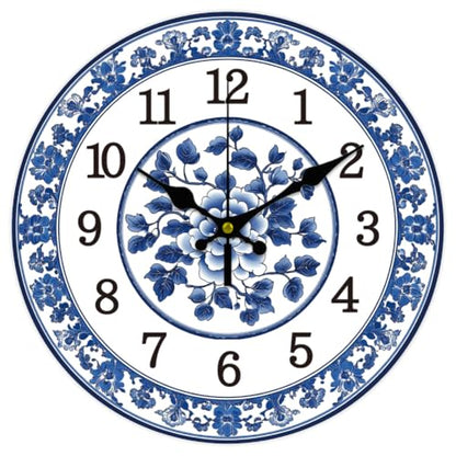 CHGCRAFT 12inch Blue and White Porcelain Pattern Wall Clock Battery Operated Silent Non Ticking Flowers Round Decorative Clock for Office Home Kitchen Decor