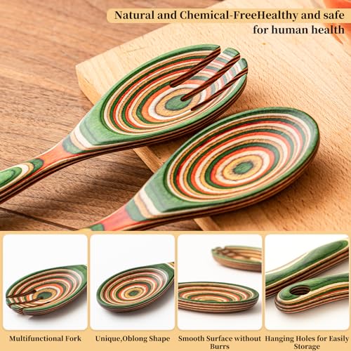 Gudamaye Pakkawood Wooden Salad Server Set,10.5 inch Salad Tongs for Serving including Salad Mixing Dinner Fork and Spoon,Long Handle Salad Server Set - color: Green
