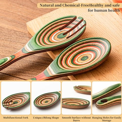 Gudamaye Pakkawood Wooden Salad Server Set,10.5 inch Salad Tongs for Serving including Salad Mixing Dinner Fork and Spoon,Long Handle Salad Server Set - color: Green