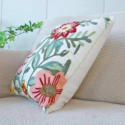 vctops Floral Embroidered Pillow Covers 18x18 Inch Spring Summer Cotton Tufted Throw Pillow Cover Outdoor Garden Cushion Case for Sofa, Bed, Living Room (Flower D,18"x18") - color: Flower D