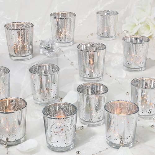 UPBUD Silver Votive Candle Holders Set of 24 | Speckled Mercury Tealight Candle Holders for Wedding Centerpiece Table, Bridal Shower Decor, Home Decor - color: Silver