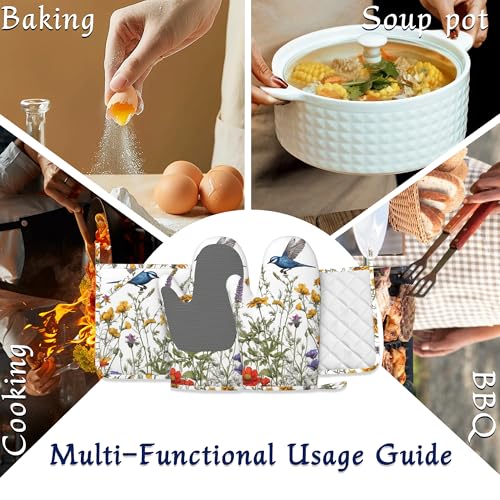 Spring Flower Bird Oven Mitts and Pot Holders Sets of 4 Wildflowers Heat Resistant Silicone Oven Mits Gloves Non-Slip Kitchen Mittens Potholders for Cooking Baking Grilling BBQ - color: Spring Flower Bird,wildflowers