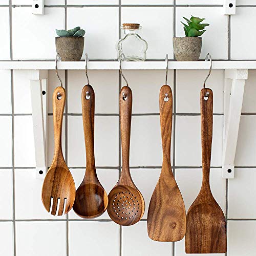 Premium 5 pcs Wooden Spoons For Cooking, Wood kitchen Spatula Utensils set | Acacia Wood Utensil set With Soup Ladle and Wok Spatula, Salad fork for Non-stick Skillet
