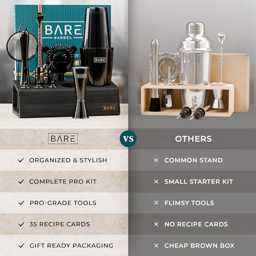 BARE BARREL® Mixology Bartender Kit Bar Set | 14-Piece Cocktail Shaker Set | Martini Barware Mixing Tools for Home Bartending | Incl. 35 Recipe Cards | Gift Set (28oz Boston Shaker, Jet Black/Black) - color: Jet Black/Black
