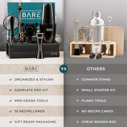 BARE BARREL® Mixology Bartender Kit Bar Set | 14-Piece Cocktail Shaker Set | Martini Barware Mixing Tools for Home Bartending | Incl. 35 Recipe Cards | Gift Set (28oz Boston Shaker, Jet Black/Black) - color: Jet Black/Black