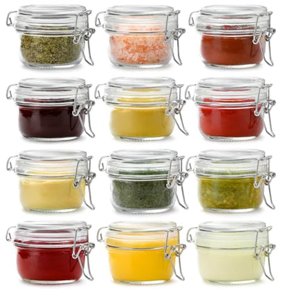 4oz Mini Airtight Glass Jars with Clamp Lid - Small Spice, Jam & Honey Jars for Kitchen Pantry Storage, Cute Clear Sauce Containers for Seasoning, Sugar, Salt, Wedding & Party Favors - size: 4 fl oz x12 - Round