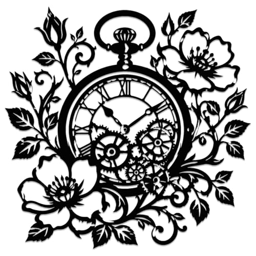 Vintage Clock with Flowers Metal Wall Art Metal Signs Metal Outdoor Decor WallArt Decor Artwork Wall Sculpture Wall Hanging Metal Plaque Elegant Stunning Home Decoration Living Room (Black,12Inch)