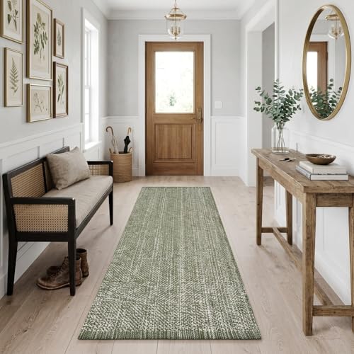 Washable Sage Green Kitchen Runner Rug 2x5 Foyer Hallway Runner Rug | Hand-Woven Reversible Entryway Rug Indoor, Cotton Modern Bedroom Carpet Rugs, Farmhouse Bathroom Rugs, Soft Laundry Room Mat - color: Sage Green/Cream, size: 2' x 5' (Rectangular)