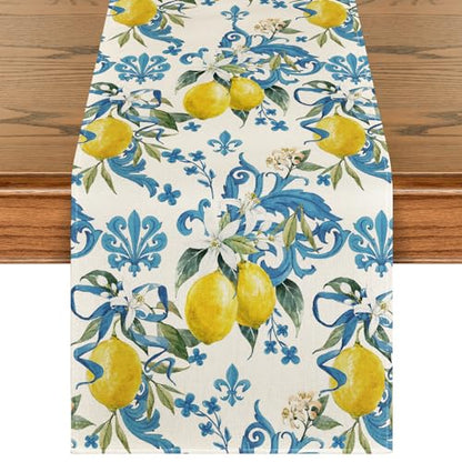 Artoid Mode Blue Lemon Iris Spring Place Mats 12x18 Inch Set of 4 and Table Runner 13x72 Inch