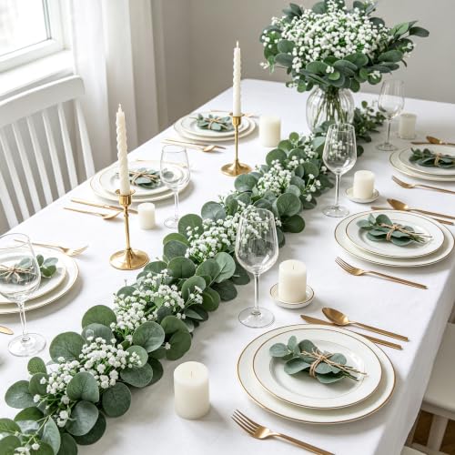Palonu 200 Pcs 5 Kinds Mixed Artificial Eucalyptus Leaves Stems Bulk Babys Breath Eucalyptus Bundle Faux Plants Greenery for DIY Bouquets Floral Arrangement Wedding Engagement Party Decor