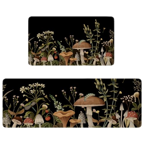 Black Mushroom Kitchen Rugs Set of 2,Witchy Decor Aesthetic Style Kitchen Mats for Floor,Vintage Boho Sink Mat Home Decor Doormat+Runner Rug - color: Black Mushroom