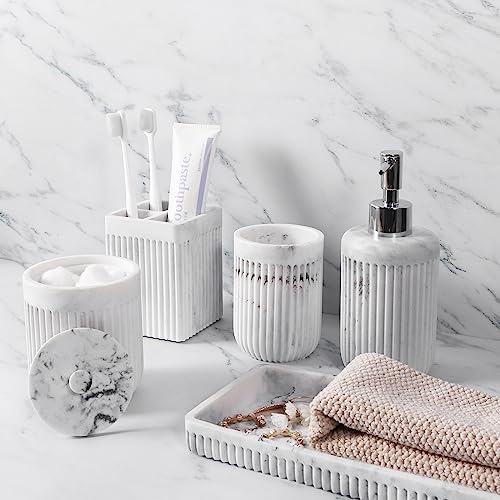 XLHOMO Resin White Marble Bathroom Accessories Set 5 Pcs, Lotion Soap Dispenser, Toothbrush Holder, Bathroom Tumbler, Qtip Holder and Vanity Tray, Bathroom Countertop Organizer Set for Home Apartment - color: Marble White, size: Resin Bath Set