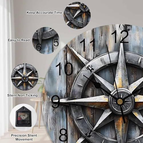 Yukro 14 Inch Retro Compass Wall Clock, Navigation Compass Wood Grain Battery Operated Silent Non Ticking Clocks, Easy to Read Round Wall Clock for Kitchen/Living Room/Bedroom/Office - color: Light Beige Gray Tan, size: 14 Inch