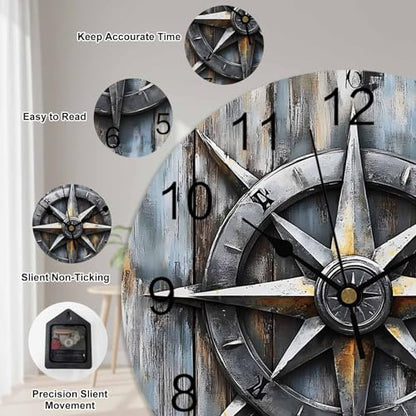 Yukro 10 Inch Retro Compass Wall Clock, Navigation Compass Wood Grain Battery Operated Silent Non Ticking Clocks, Easy to Read Round Wall Clock for Kitchen/Living Room/Bedroom/Office - color: Light Beige Gray Tan, size: 10 Inch