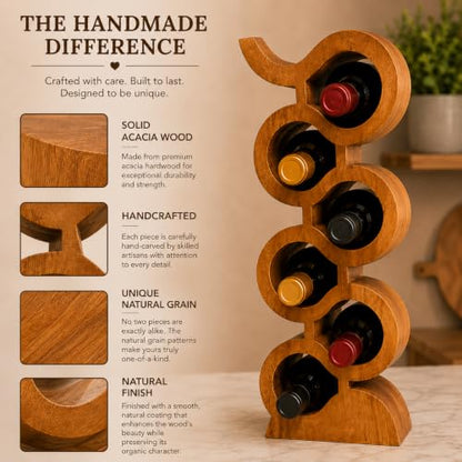 Handmade Solid Acacia Wood Wine Bottle Holder, 6-Bottle Large Chain Wine Rack, Rustic Countertop Wine Storage, Decorative Home Bar Display - size: 6-Bottle