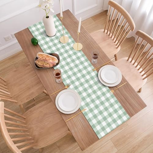 Sage Green Gingham Party Table Runner Green and White Checkered Plaid Decorations for Birthday Bridal Baby Shower Home Dining Kitchen Island Decor (13" x 120") - size: 13" x 120"