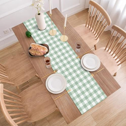 Sage Green Gingham Party Table Runner Green and White Checkered Plaid Decorations for Birthday Bridal Baby Shower Home Dining Kitchen Island Decor (13" x 36") - size: 13" x 36"