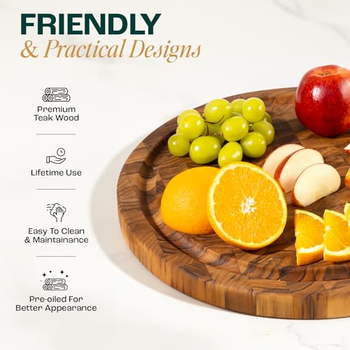 Yes4All Round Teak Cutting Boards for Kitchen, [16"D x 1"Thick] End Grain Cutting Board, Teak Wood Serving Board, Food Safe Surface for Slicing and Serving, Wood Charcuterie Board with Build In Handle - size: 16"L x 1"W, style: Teak
