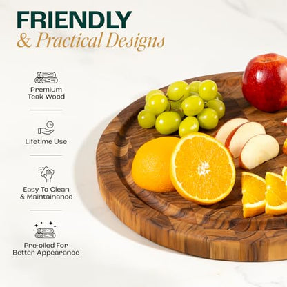 Yes4All Round Teak Cutting Boards for Kitchen, [16"D x 1"Thick] End Grain Cutting Board, Teak Wood Serving Board, Food Safe Surface for Slicing and Serving, Wood Charcuterie Board with Build In Handle - size: 16"L x 1"W, style: Teak