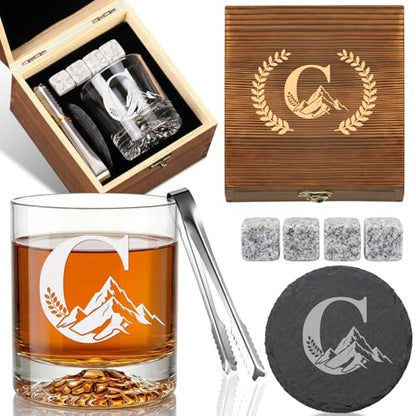 Personalized Whiskey Glass Gift Set for Men – Monogrammed Initial Rocks Glass with Slate Coaster, Wooden Box & Whiskey Stones, Birthday Father's Day for Him Dad Husband (C) - style: C